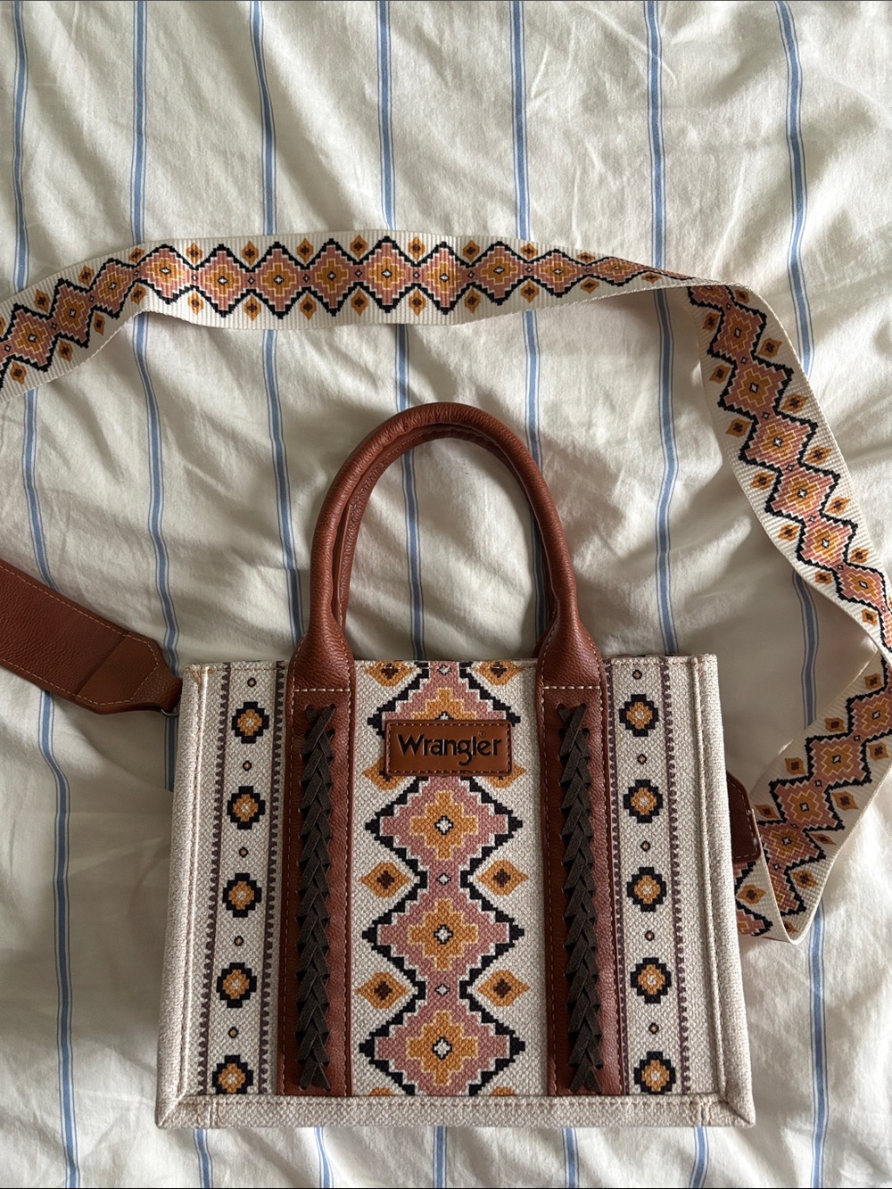 Wrangler Beige, Brown & Pink Embroidered Tote with Patterned Strap - Picture 1 of 3